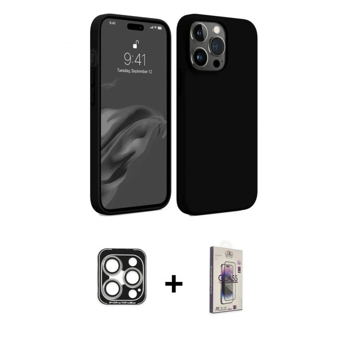 MARSİLYAN™- iPhone 15 Pro Max Kılıf Kozmos Yansıma Özel Seri - Siyah Bilvis 3D Cam Ekran Koruyucu + PVD Metal Kamera Lens - GS