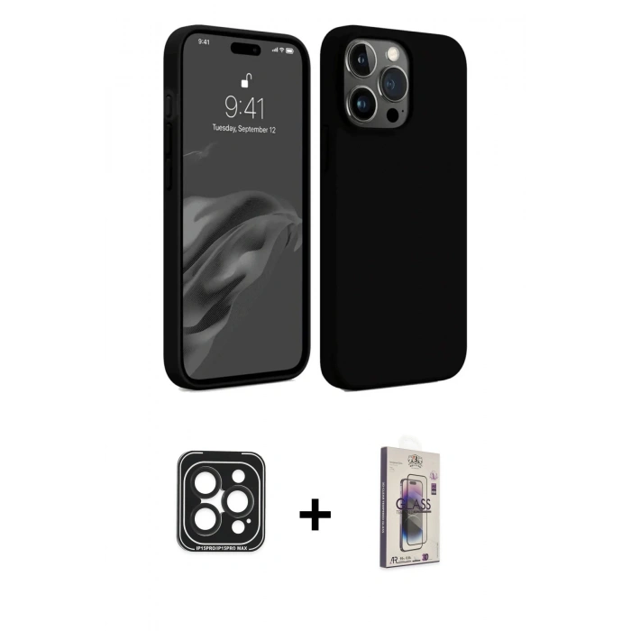MARSİLYAN™- iPhone 15 Pro Max Kılıf Kozmos Yansıma Özel Seri - Siyah Bilvis 3D Cam Ekran Koruyucu + PVD Metal Kamera Lens - SH