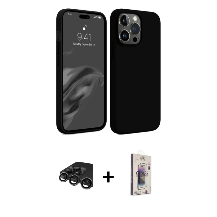 MARSİLYAN™- iPhone 15 Pro Max Kılıf Kozmos Yansıma Özel Seri - Siyah Bilvis 3D Cam Ekran Koruyucu + Raze Metal Kamera Lens - TMGI