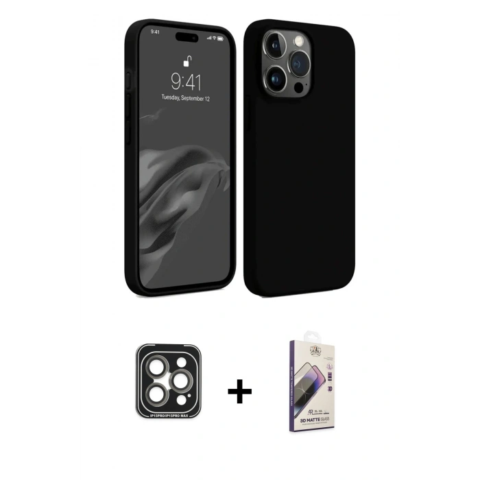 MARSİLYAN™- iPhone 15 Pro Max Kılıf Kozmos Yansıma Özel Seri - Siyah Bilvis 3D Mat Cam Ekran Koruyucu + Gri PVD Metal Kamera Lens