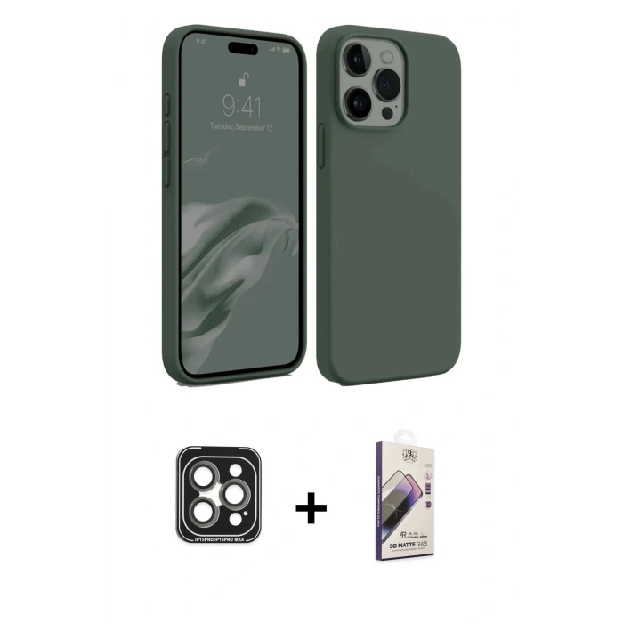 MARSİLYAN™- iPhone 15 Pro Max Kılıf Kozmos Yansıma Özel Seri - Siyah Bilvis 3D Mat Cam Ekran Koruyucu + Gri PVD Metal Kamera Lens