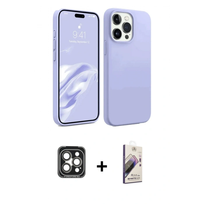 MARSİLYAN™- iPhone 15 Pro Max Kılıf Kozmos Yansıma Özel Seri - Siyah Bilvis 3D Mat Cam Ekran Koruyucu + Gri PVD Metal Kamera Lens