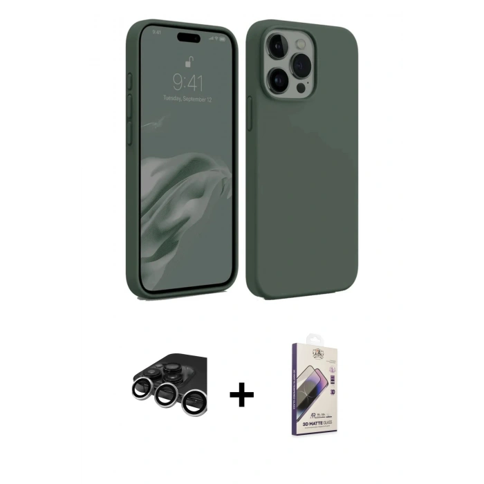 MARSİLYAN™- iPhone 15 Pro Max Kılıf Kozmos Yansıma Özel Seri - Siyah Bilvis 3D Mat Cam Ekran Koruyucu + Gümüş Raze Metal Kamera Lens