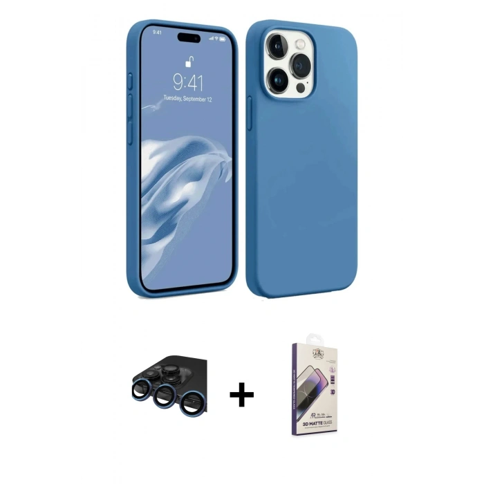 MARSİLYAN™- iPhone 15 Pro Max Kılıf Kozmos Yansıma Özel Seri - Siyah Bilvis 3D Mat Cam Ekran Koruyucu + Raze Metal Kamera Lens - LT