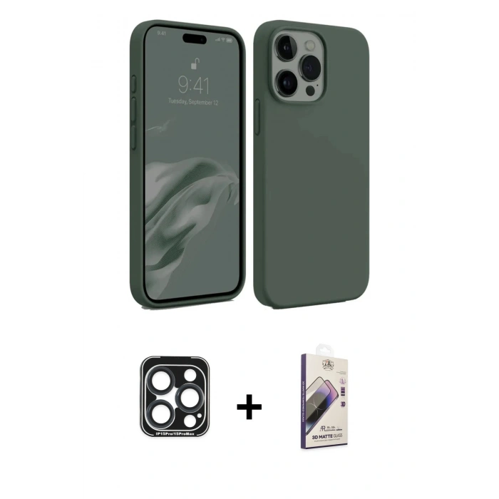 MARSİLYAN™- iPhone 15 Pro Max Kılıf Kozmos Yansıma Özel Seri - Siyah Bilvis 3D Mat Cam Ekran Koruyucu + PVD Metal Kamera Lens - LT