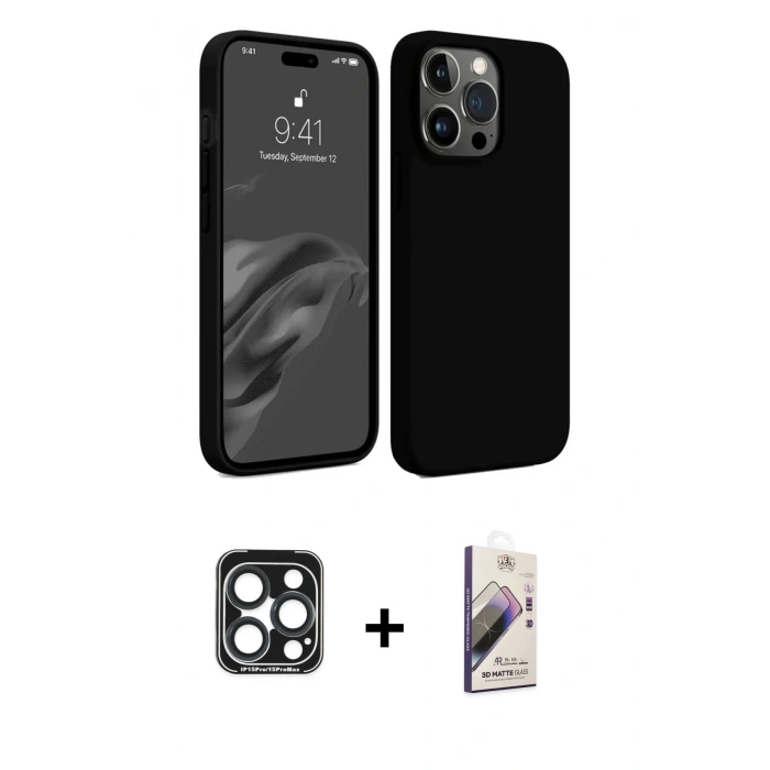 MARSİLYAN™- iPhone 15 Pro Max Kılıf Kozmos Yansıma Özel Seri - Siyah Bilvis 3D Mat Cam Ekran Koruyucu + PVD Metal Kamera Lens - LT
