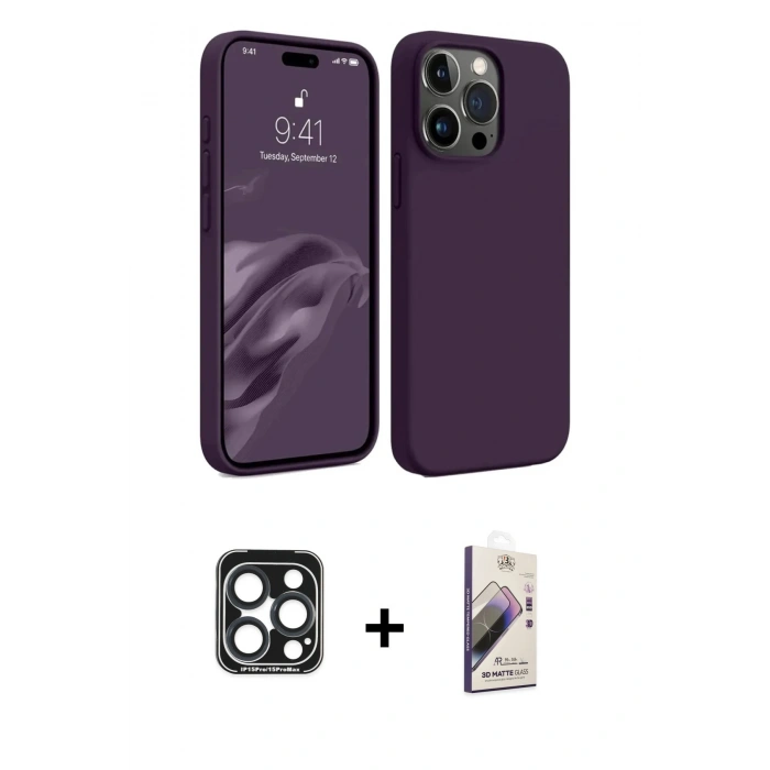 MARSİLYAN™- iPhone 15 Pro Max Kılıf Kozmos Yansıma Özel Seri - Siyah Bilvis 3D Mat Cam Ekran Koruyucu + PVD Metal Kamera Lens - LT