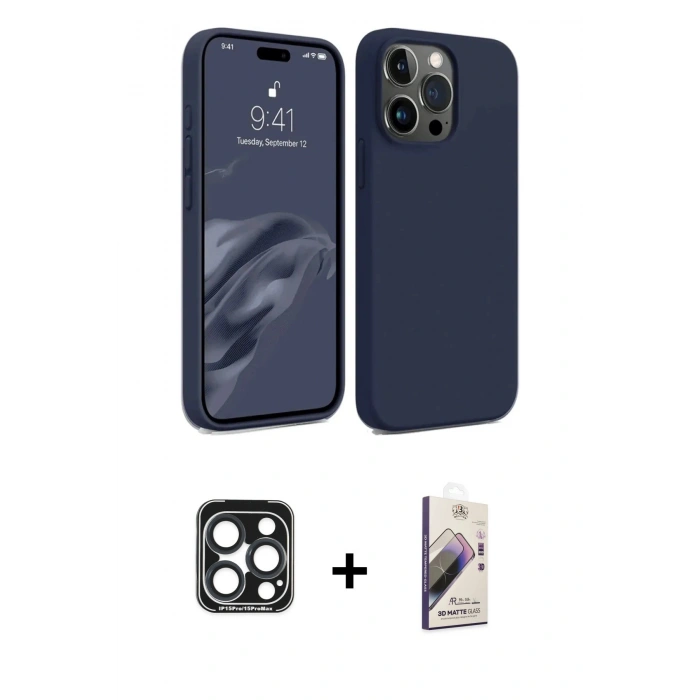 MARSİLYAN™- iPhone 15 Pro Max Kılıf Kozmos Yansıma Özel Seri - Siyah Bilvis 3D Mat Cam Ekran Koruyucu + PVD Metal Kamera Lens - LT
