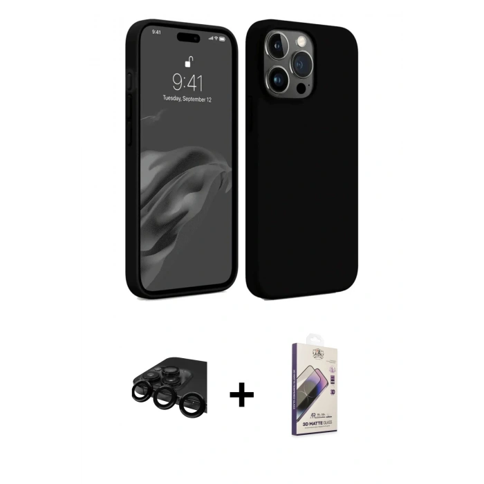 MARSİLYAN™- iPhone 15 Pro Max Kılıf Kozmos Yansıma Özel Seri - Siyah Bilvis 3D Mat Cam Ekran Koruyucu + Raze Metal Kamera Lens - SH