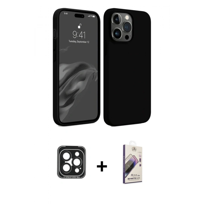 MARSİLYAN™- iPhone 15 Pro Max Kılıf Kozmos Yansıma Özel Seri - Siyah Bilvis 3D Mat Cam Ekran Koruyucu + PVD Metal Kamera Lens - SH