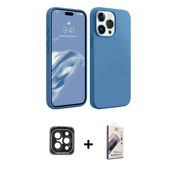 MARSİLYAN™- iPhone 15 Pro Max Kılıf Kozmos Yansıma Özel Seri - Siyah Bilvis 3D Mat Cam Ekran Koruyucu + PVD Metal Kamera Lens - SH