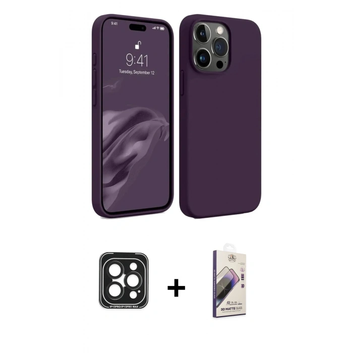 MARSİLYAN™- iPhone 15 Pro Max Kılıf Kozmos Yansıma Özel Seri - Siyah Bilvis 3D Mat Cam Ekran Koruyucu + PVD Metal Kamera Lens - SH