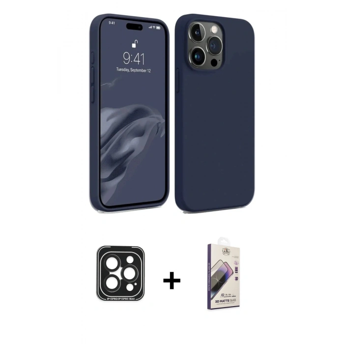 MARSİLYAN™- iPhone 15 Pro Max Kılıf Kozmos Yansıma Özel Seri - Siyah Bilvis 3D Mat Cam Ekran Koruyucu + PVD Metal Kamera Lens - SH