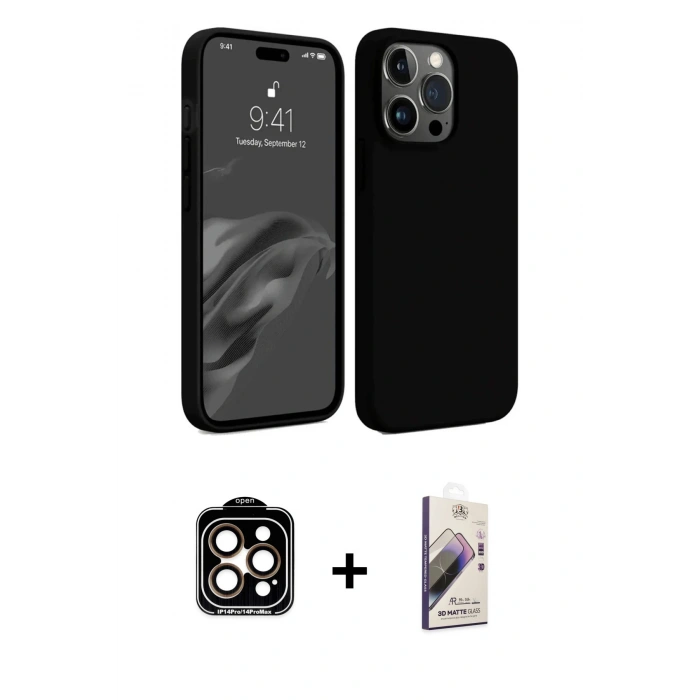 MARSİLYAN™- iPhone 15 Pro Max Kılıf Kozmos Yansıma Özel Seri - Siyah Bilvis 3D Mat Cam Ekran Koruyucu + PVD Metal Kamera Lens - TU