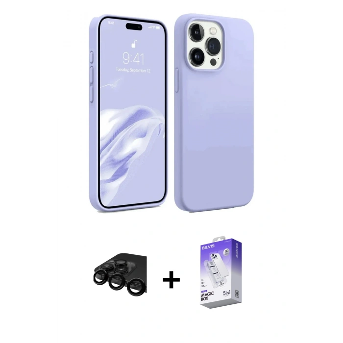 MARSİLYAN™- iPhone 15 Pro Max Kılıf Kozmos Yansıma Özel Seri - Siyah Bilvis 5in1 3D Magic Cam Ekran Koruyucu + Raze Metal Kamera Lens - SH