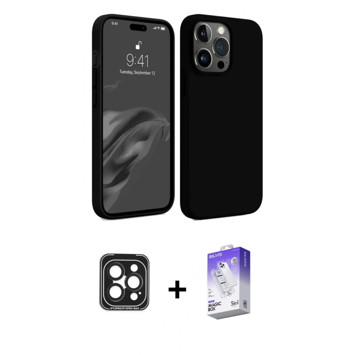 MARSİLYAN™- iPhone 15 Pro Max Kılıf Kozmos Yansıma Özel Seri - Siyah Bilvis 5in1 3D Magic Cam Ekran Koruyucu + PVD Metal Kamera Lens - SH
