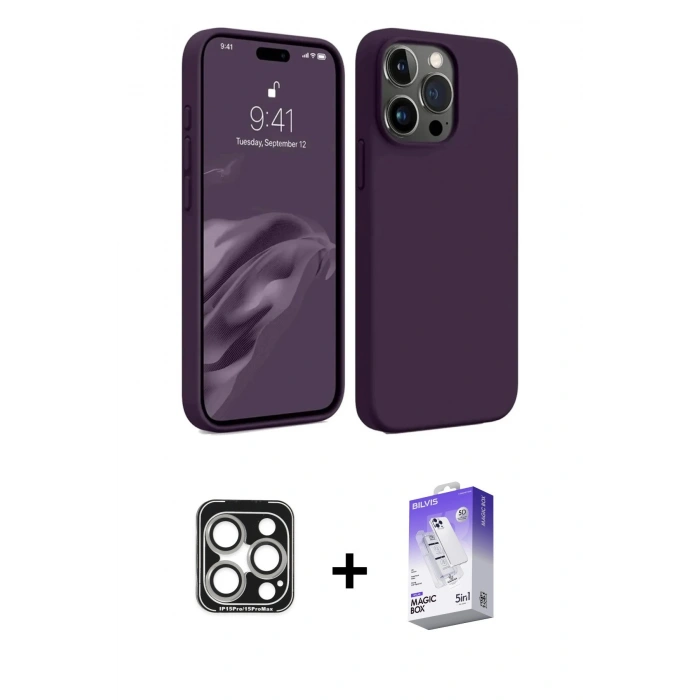 MARSİLYAN™- iPhone 15 Pro Max Kılıf Kozmos Yansıma Özel Seri - Siyah Bilvis 5in1 3D Magic Cam Ekran Koruyucu + Gümüş PVD Metal Kamera Lens