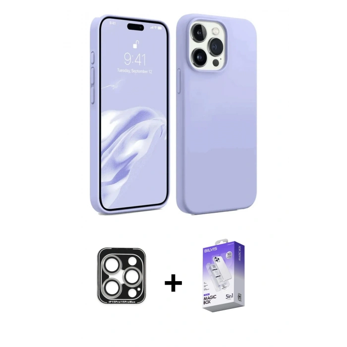MARSİLYAN™- iPhone 15 Pro Max Kılıf Kozmos Yansıma Özel Seri - Siyah Bilvis 5in1 3D Magic Cam Ekran Koruyucu + Gümüş PVD Metal Kamera Lens