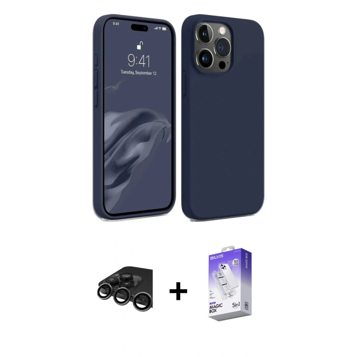 MARSİLYAN™- iPhone 15 Pro Max Kılıf Kozmos Yansıma Özel Seri - Siyah Bilvis 5in1 3D Magic Cam Ekran Koruyucu + Raze Metal Kamera Lens - TMGI