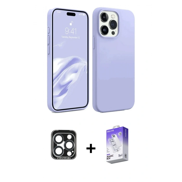 MARSİLYAN™- iPhone 15 Pro Max Kılıf Kozmos Yansıma Özel Seri - Siyah Bilvis 5in1 3D Magic Cam Ekran Koruyucu + PVD Metal Kamera Lens - LT
