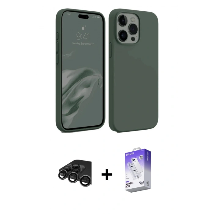MARSİLYAN™- iPhone 15 Pro Max Kılıf Kozmos Yansıma Özel Seri - Siyah Bilvis 5in1 3D Magic Cam Ekran Koruyucu + Raze Metal Kamera Lens - TMGI