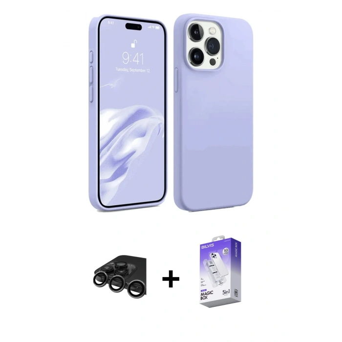 MARSİLYAN™- iPhone 15 Pro Max Kılıf Kozmos Yansıma Özel Seri - Siyah Bilvis 5in1 3D Magic Cam Ekran Koruyucu + Raze Metal Kamera Lens - TMGI