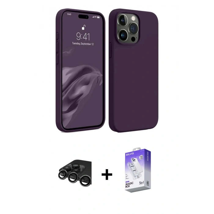 MARSİLYAN™- iPhone 15 Pro Max Kılıf Kozmos Yansıma Özel Seri - Siyah Bilvis 5in1 3D Magic Cam Ekran Koruyucu + Raze Metal Kamera Lens - TMGI