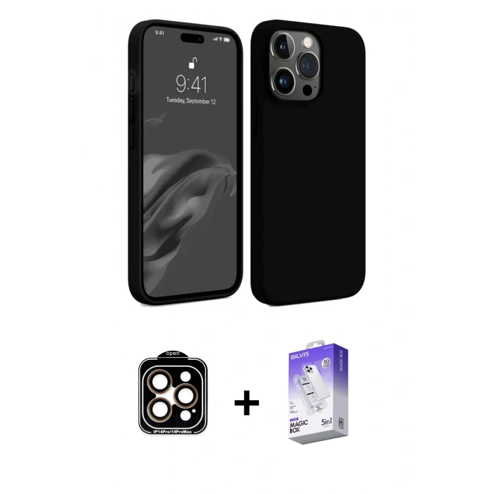 MARSİLYAN™- iPhone 15 Pro Max Kılıf Kozmos Yansıma Özel Seri - Siyah Bilvis 5in1 3D Magic Cam Ekran Koruyucu + PVD Metal Kamera Lens - TU