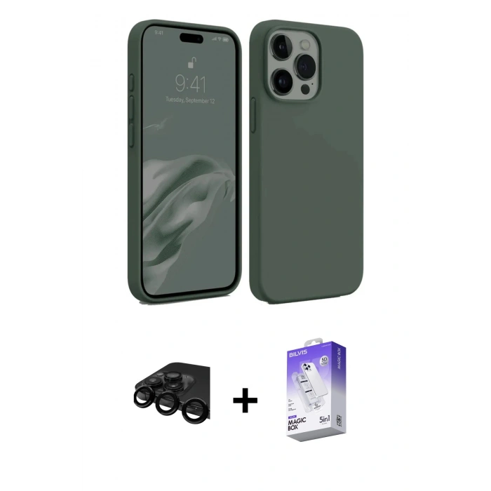 MARSİLYAN™- iPhone 15 Pro Max Kılıf Kozmos Yansıma Özel Seri - Siyah Bilvis 5in1 3D Magic Cam Ekran Koruyucu + Raze Metal Kamera Lens - SH