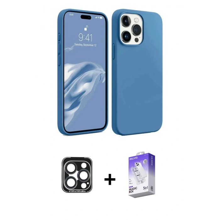 MARSİLYAN™- iPhone 15 Pro Max Kılıf Kozmos Yansıma Özel Seri - Siyah Bilvis 5in1 3D Magic Cam Ekran Koruyucu + PVD Metal Kamera Lens - LT