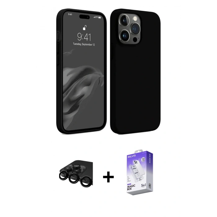 MARSİLYAN™- iPhone 15 Pro Max Kılıf Kozmos Yansıma Özel Seri - Siyah Bilvis 5in1 3D Magic Cam Ekran Koruyucu + Raze Metal Kamera Lens - SH