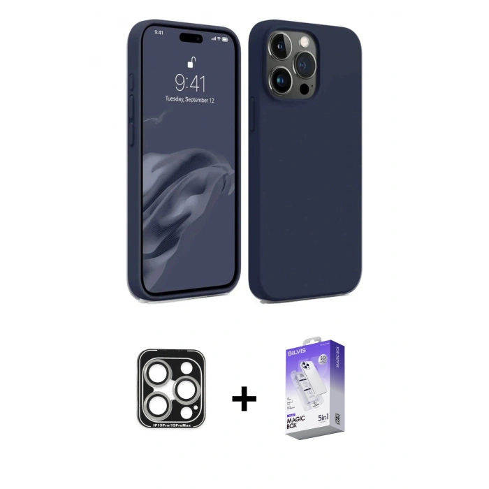 MARSİLYAN™- iPhone 15 Pro Max Kılıf Kozmos Yansıma Özel Seri - Siyah Bilvis 5in1 3D Magic Cam Ekran Koruyucu + Gümüş PVD Metal Kamera Lens