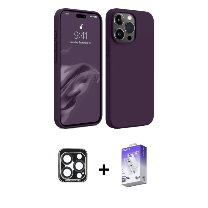 MARSİLYAN™- iPhone 15 Pro Max Kılıf Kozmos Yansıma Özel Seri - Siyah Bilvis 5in1 3D Magic Cam Ekran Koruyucu + PVD Metal Kamera Lens - LT