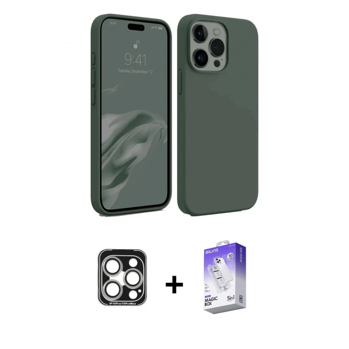 MARSİLYAN™- iPhone 15 Pro Max Kılıf Kozmos Yansıma Özel Seri - Siyah Bilvis 5in1 3D Magic Cam Ekran Koruyucu + Gümüş PVD Metal Kamera Lens