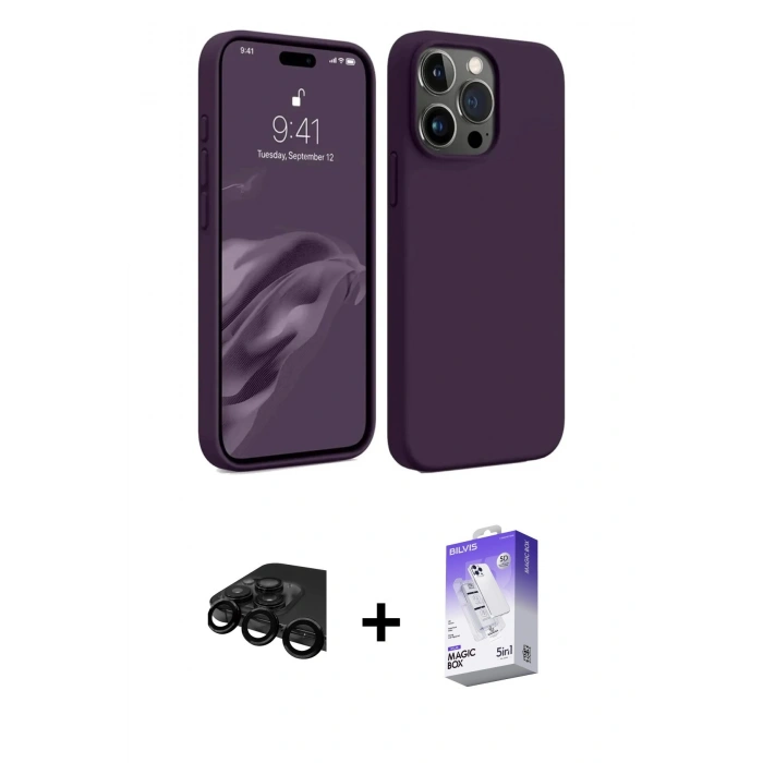 MARSİLYAN™- iPhone 15 Pro Max Kılıf Kozmos Yansıma Özel Seri - Siyah Bilvis 5in1 3D Magic Cam Ekran Koruyucu + Raze Metal Kamera Lens - SH