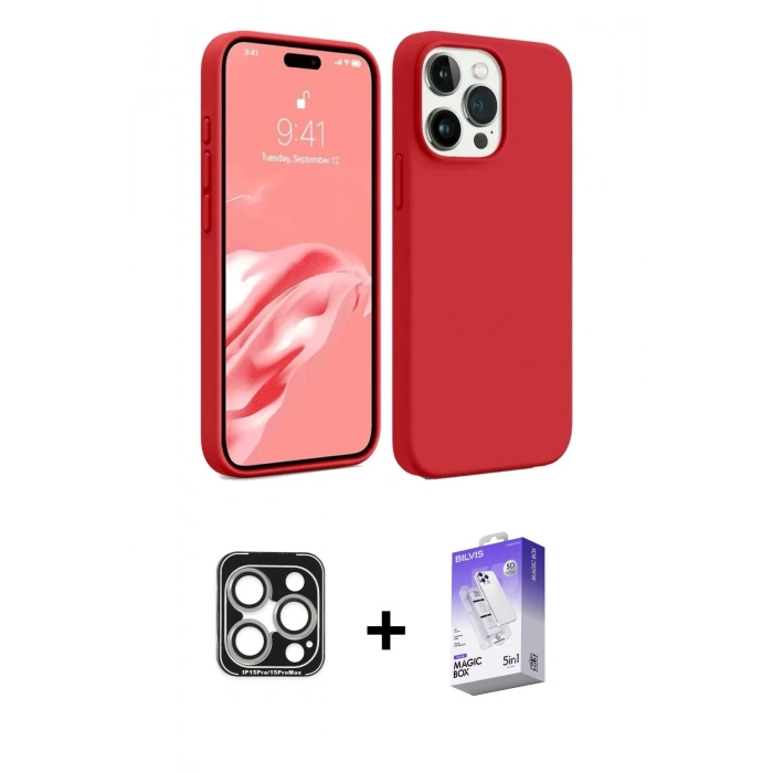 MARSİLYAN™- iPhone 15 Pro Max Kılıf Kozmos Yansıma Özel Seri - Siyah Bilvis 5in1 3D Magic Cam Ekran Koruyucu + Gümüş PVD Metal Kamera Lens
