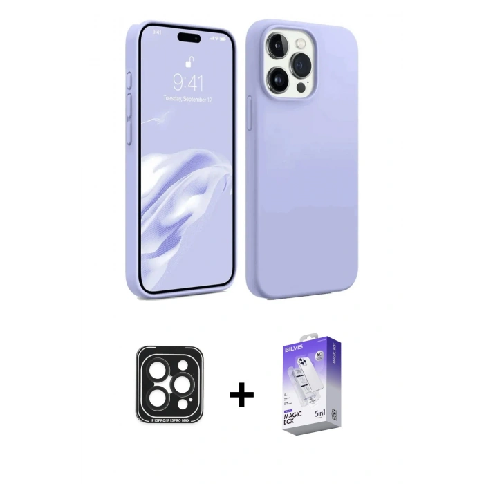 MARSİLYAN™- iPhone 15 Pro Max Kılıf Kozmos Yansıma Özel Seri - Siyah Bilvis 5in1 3D Magic Cam Ekran Koruyucu + PVD Metal Kamera Lens - SH