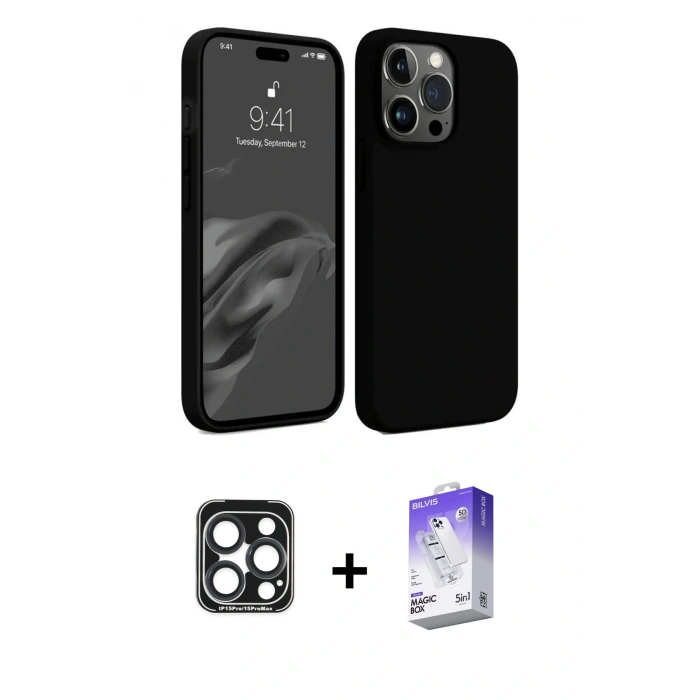 MARSİLYAN™- iPhone 15 Pro Max Kılıf Kozmos Yansıma Özel Seri - Siyah Bilvis 5in1 3D Magic Cam Ekran Koruyucu + PVD Metal Kamera Lens - LT