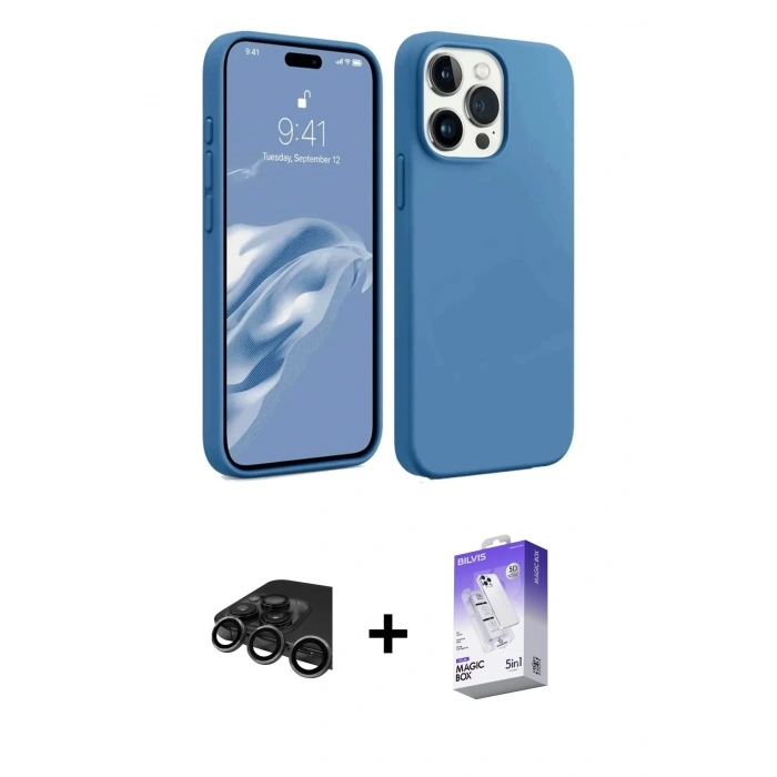 MARSİLYAN™- iPhone 15 Pro Max Kılıf Kozmos Yansıma Özel Seri - Siyah Bilvis 5in1 3D Magic Cam Ekran Koruyucu + Raze Metal Kamera Lens - TMGI