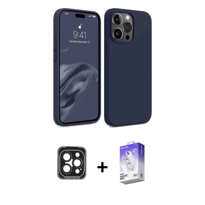 MARSİLYAN™- iPhone 15 Pro Max Kılıf Kozmos Yansıma Özel Seri - Siyah Bilvis 5in1 3D Magic Cam Ekran Koruyucu + PVD Metal Kamera Lens - SH