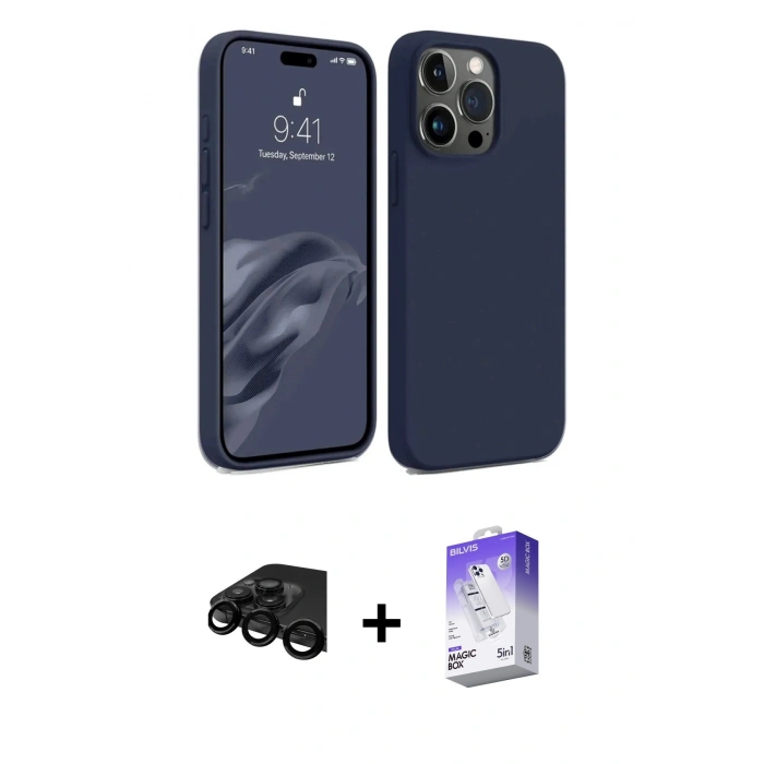 MARSİLYAN™- iPhone 15 Pro Max Kılıf Kozmos Yansıma Özel Seri - Siyah Bilvis 5in1 3D Magic Cam Ekran Koruyucu + Raze Metal Kamera Lens - SH