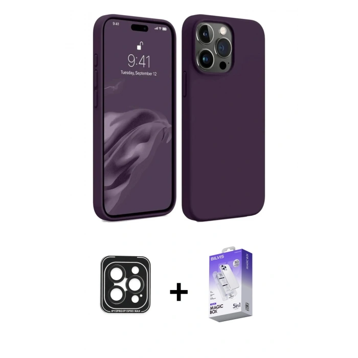 MARSİLYAN™- iPhone 15 Pro Max Kılıf Kozmos Yansıma Özel Seri - Siyah Bilvis 5in1 3D Magic Cam Ekran Koruyucu + PVD Metal Kamera Lens - SH