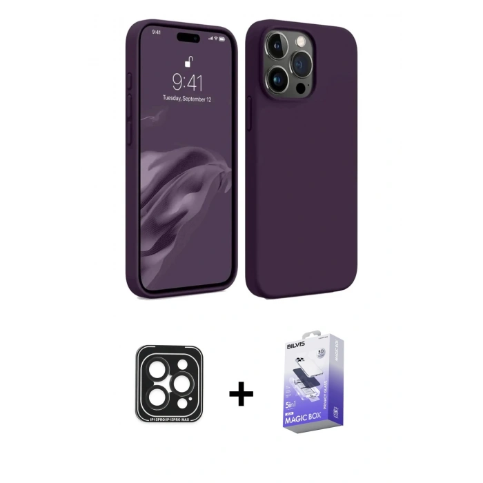 MARSİLYAN™- iPhone 15 Pro Max Kılıf Kozmos Yansıma Özel Seri - Siyah Bilvis 5in1 5D Magic Hayalet Cam Ekran Koruyucu + Siyah PVD Metal Kamera Lens