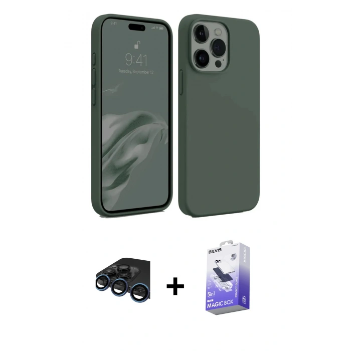 MARSİLYAN™- iPhone 15 Pro Max Kılıf Kozmos Yansıma Özel Seri - Siyah Bilvis 5in1 5D Magic Hayalet Cam Ekran Koruyucu + Raze Metal Kamera Lens - LT