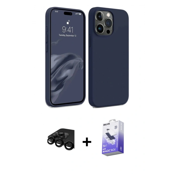 MARSİLYAN™- iPhone 15 Pro Max Kılıf Kozmos Yansıma Özel Seri - Siyah Bilvis 5in1 5D Magic Hayalet Cam Ekran Koruyucu + Raze Metal Kamera Lens - SH