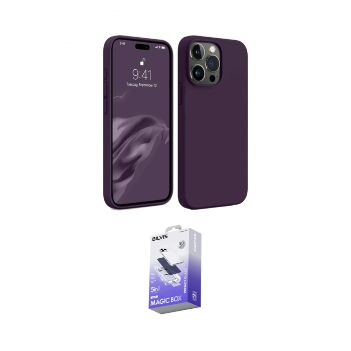 MARSİLYAN™- iPhone 15 Pro Max Kılıf Kozmos Yansıma Özel Seri - Siyah Bilvis 5in1 5D Magic Hayalet Cam Ekran Koruyucu