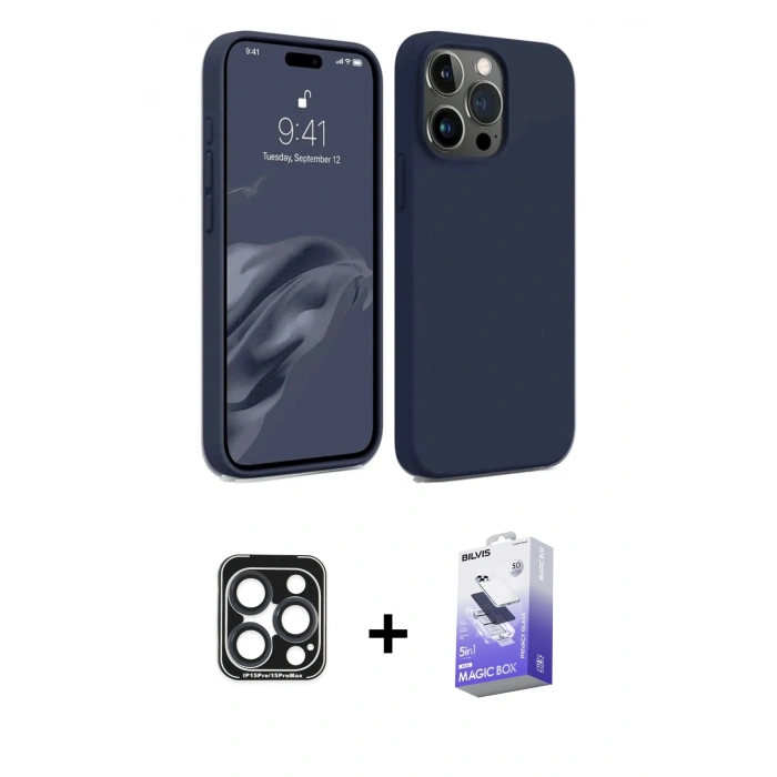 MARSİLYAN™- iPhone 15 Pro Max Kılıf Kozmos Yansıma Özel Seri - Siyah Bilvis 5in1 5D Magic Hayalet Cam Ekran Koruyucu + PVD Metal Kamera Lens - LT