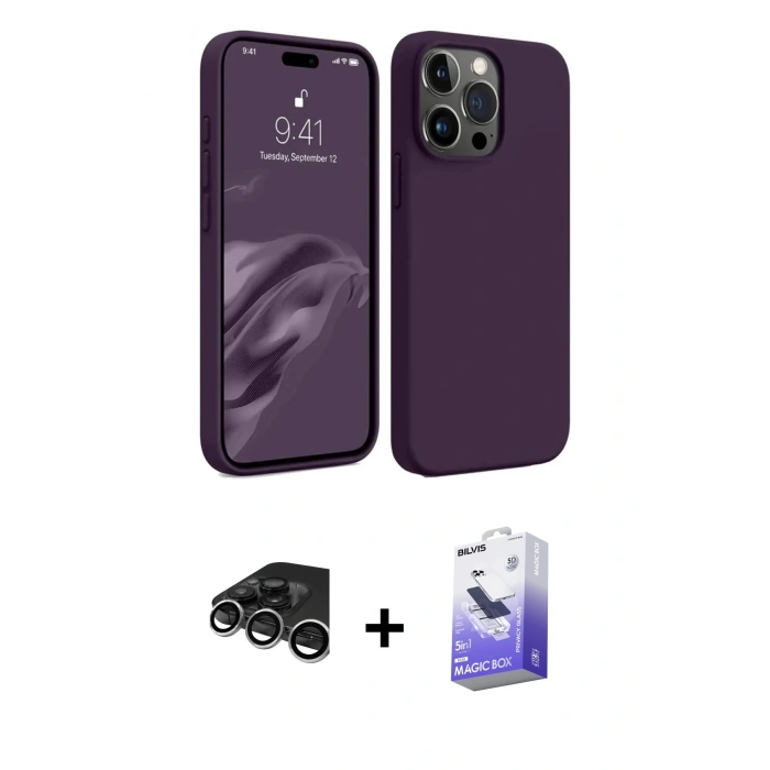 MARSİLYAN™- iPhone 15 Pro Max Kılıf Kozmos Yansıma Özel Seri - Siyah Bilvis 5in1 5D Magic Hayalet Cam Ekran Koruyucu + Raze Metal Kamera Lens - GS