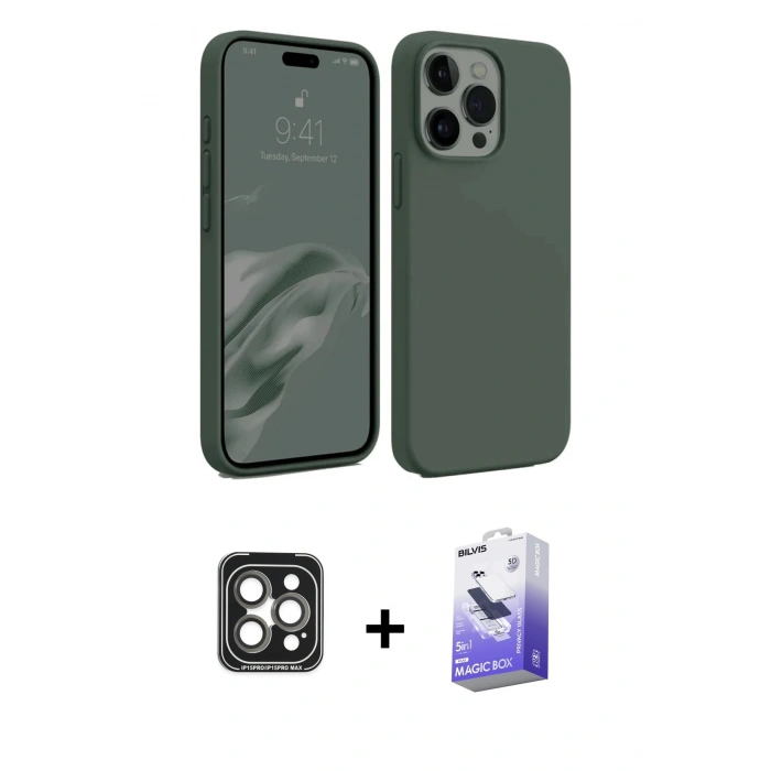 MARSİLYAN™- iPhone 15 Pro Max Kılıf Kozmos Yansıma Özel Seri - Siyah Bilvis 5in1 5D Magic Hayalet Cam Ekran Koruyucu + PVD Metal Kamera Lens - GI