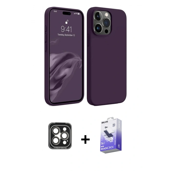 MARSİLYAN™- iPhone 15 Pro Max Kılıf Kozmos Yansıma Özel Seri - Siyah Bilvis 5in1 5D Magic Hayalet Cam Ekran Koruyucu + PVD Metal Kamera Lens - GI